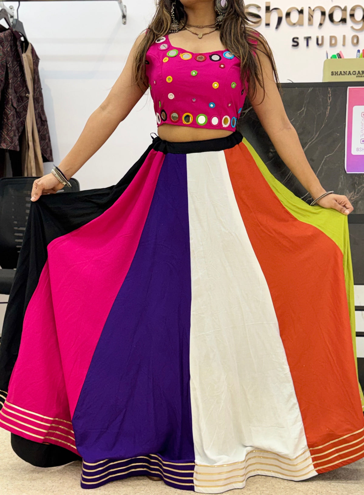 Multicolor Designer Blause with Rainbow Flared Ghaghra