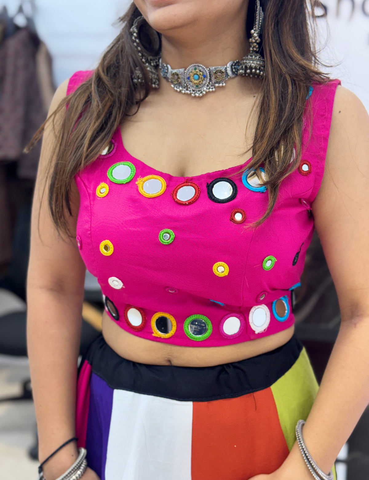 Multicolor Designer Blause with Rainbow Flared Ghaghra