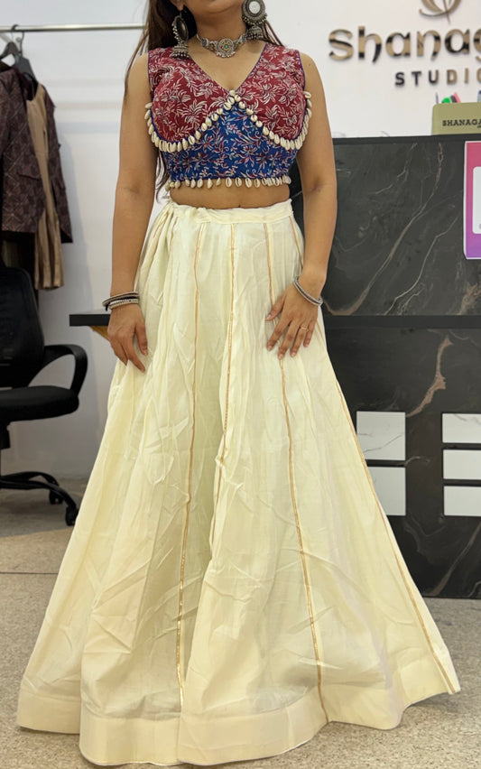 Maroon & Blue Designer Blouse with Ivory Flared Ghaghra