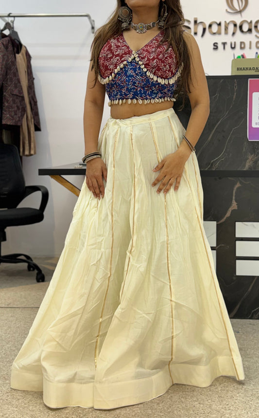Maroon & Blue Designer Blouse with Ivory Flared Ghaghra