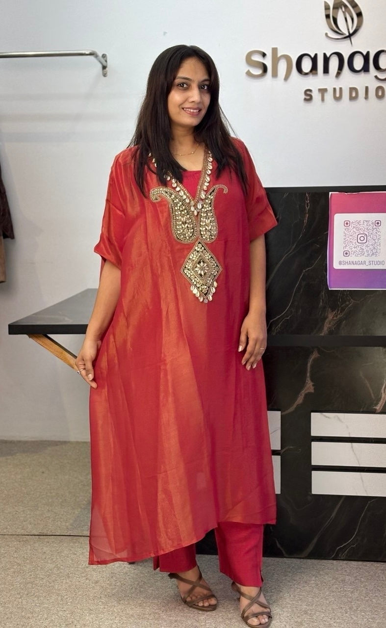 Red Designer Kaftan Kurta with Embellished Neckline