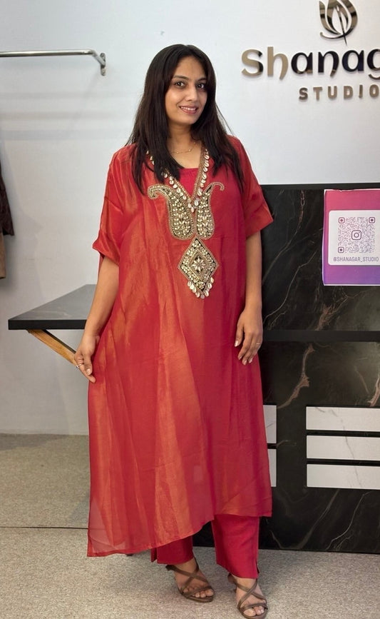 Red Designer Kaftan Kurta with Embellished Neckline