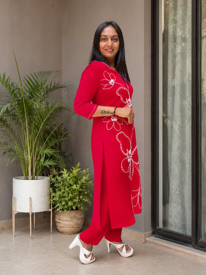 Stylish Red Floral Embroidered Kurti Pant Set for Women
