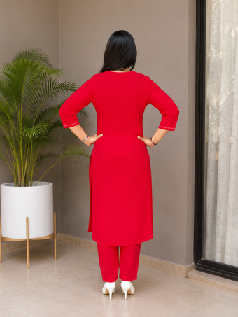 Stylish Red Floral Embroidered Kurti Pant Set for Women