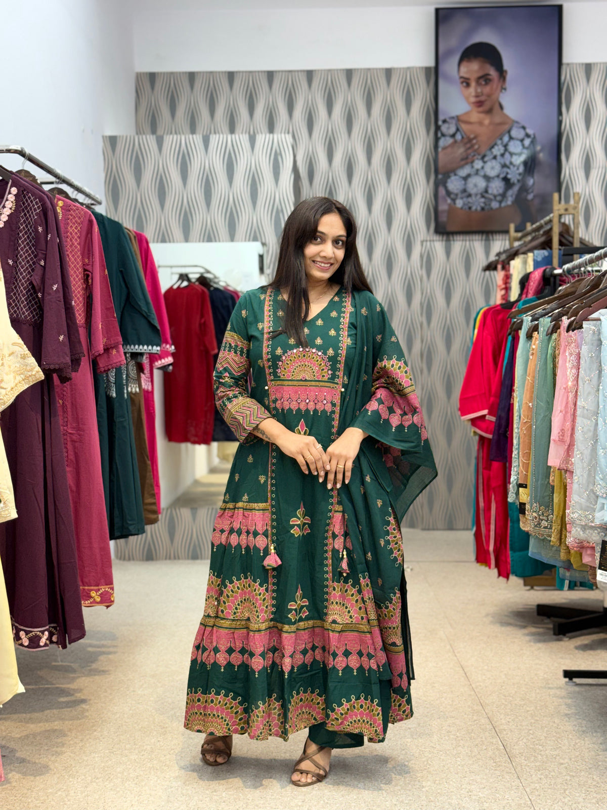 Green Printed Anarkali Kurti Set with Dupatta