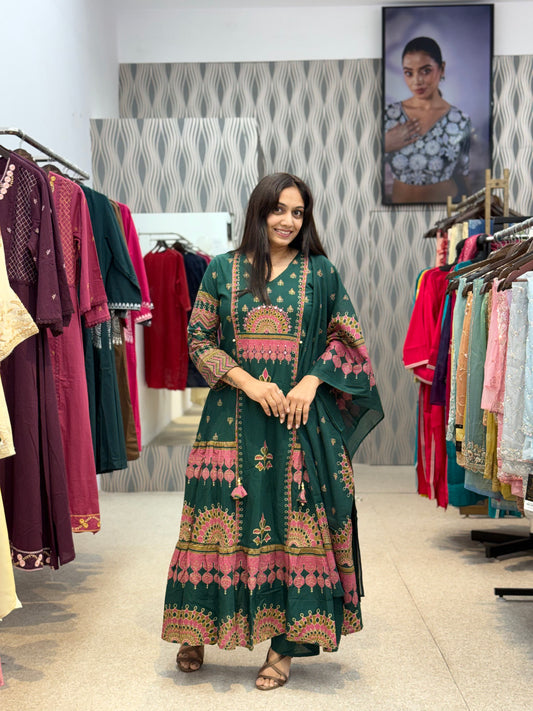 Green Printed Anarkali Kurti Set with Dupatta