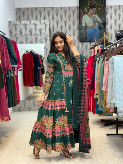 Green Printed Anarkali Kurti Set with Dupatta