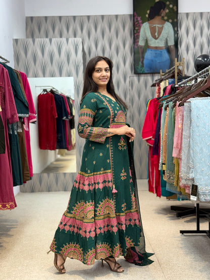 Green Printed Anarkali Kurti Set with Dupatta