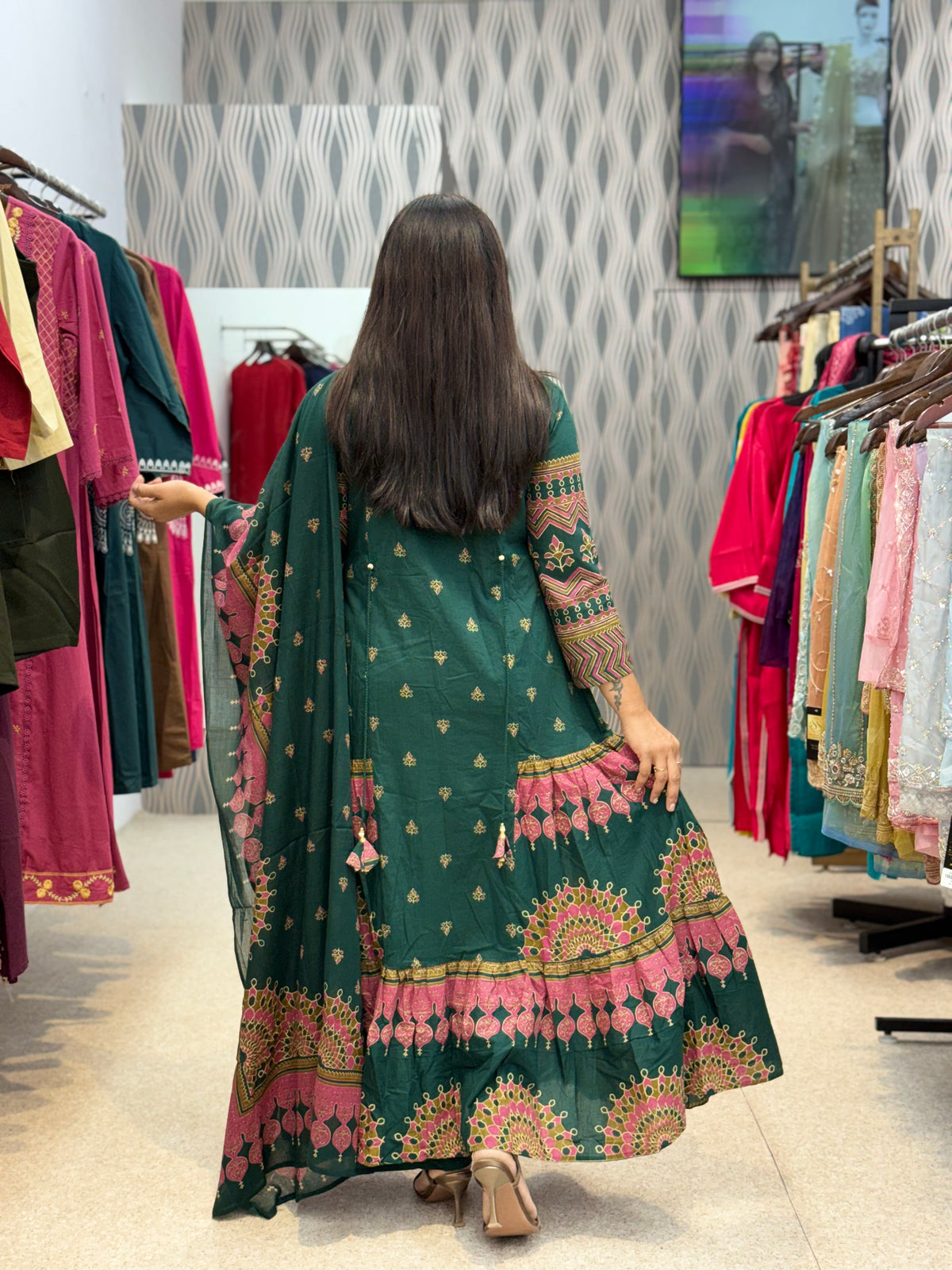 Green Printed Anarkali Kurti Set with Dupatta
