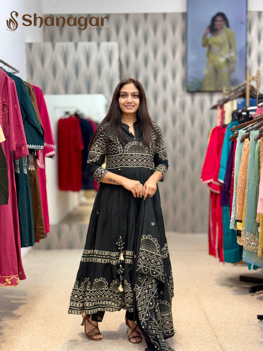 Black Cotton Anarkali Kurti Set with Dupatta