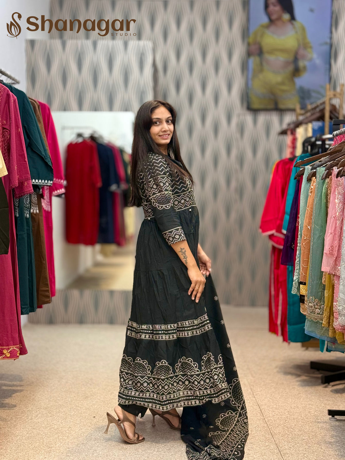 Black Cotton Anarkali Kurti Set with Dupatta