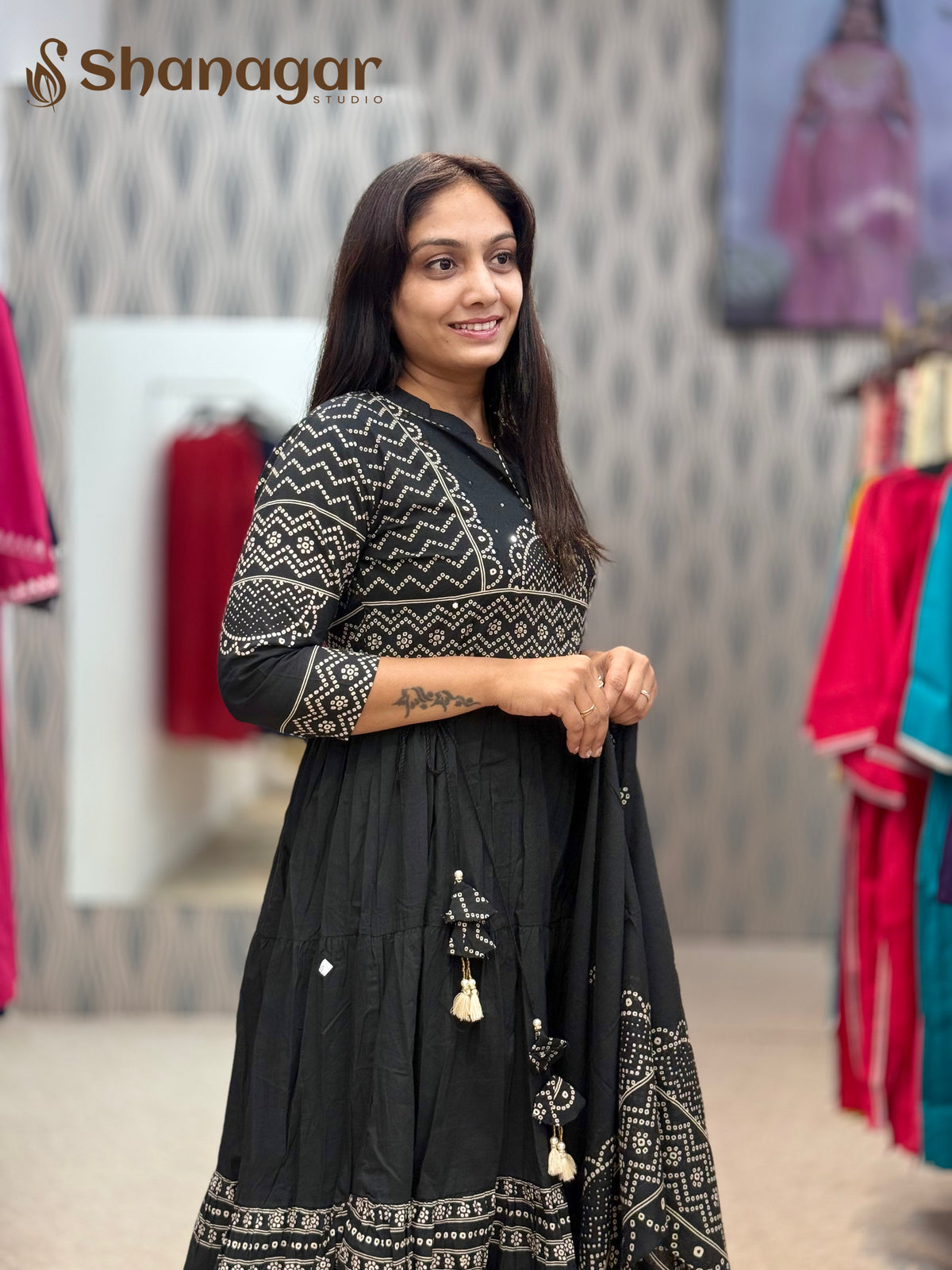 Black Cotton Anarkali Kurti Set with Dupatta