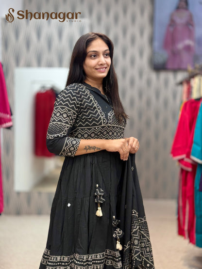 Black Cotton Anarkali Kurti Set with Dupatta