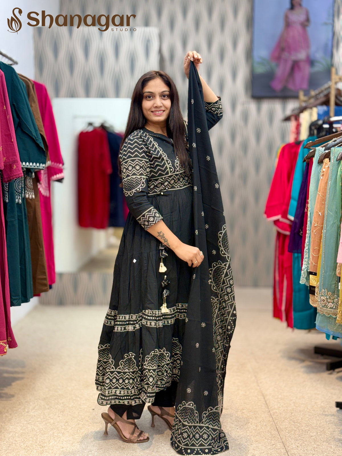 Black Cotton Anarkali Kurti Set with Dupatta
