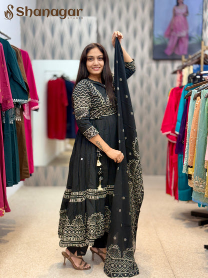 Black Cotton Anarkali Kurti Set with Dupatta