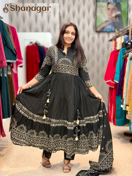 Black Cotton Anarkali Kurti Set with Dupatta