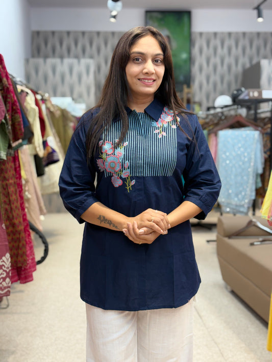 Navy Blue Floral Embroidered Tunic