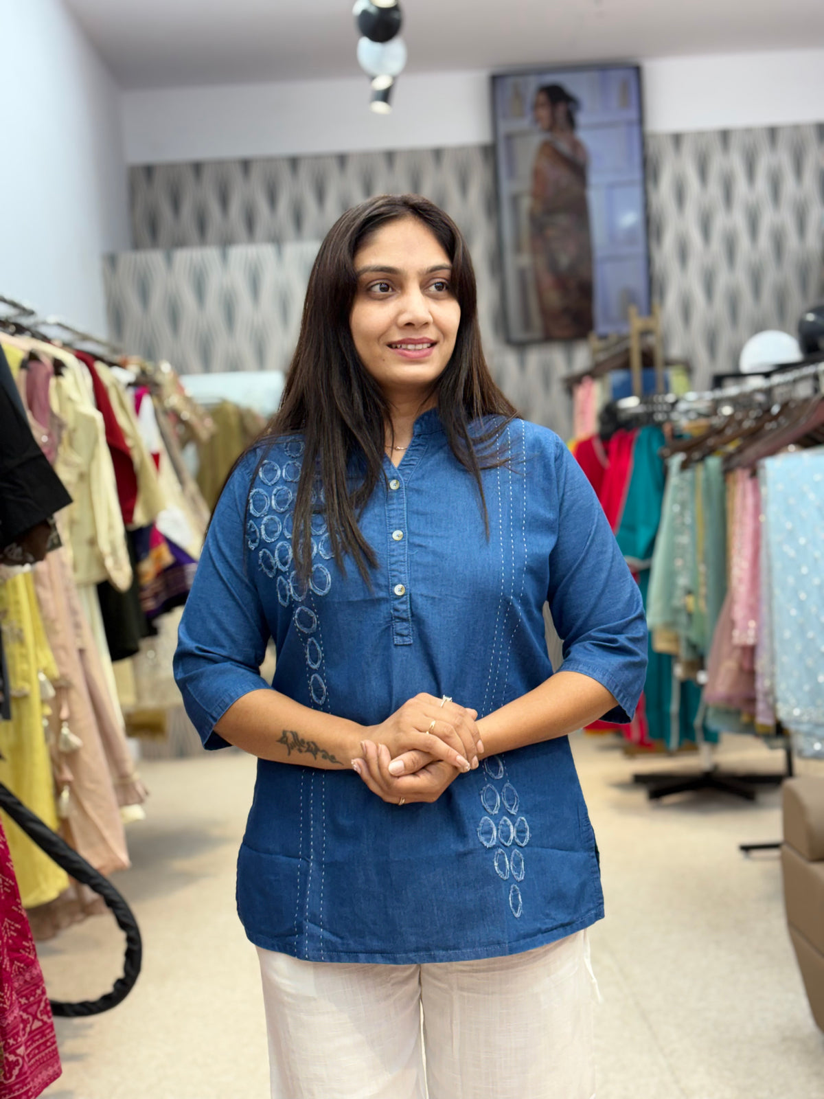 Royal Blue Embroidered Tunic with White Straight Pants