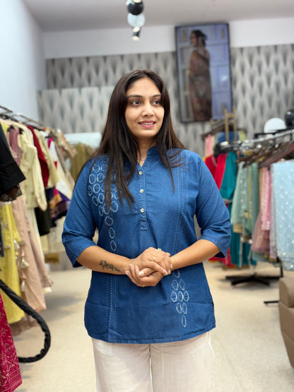 Royal Blue Embroidered Tunic with White Straight Pants