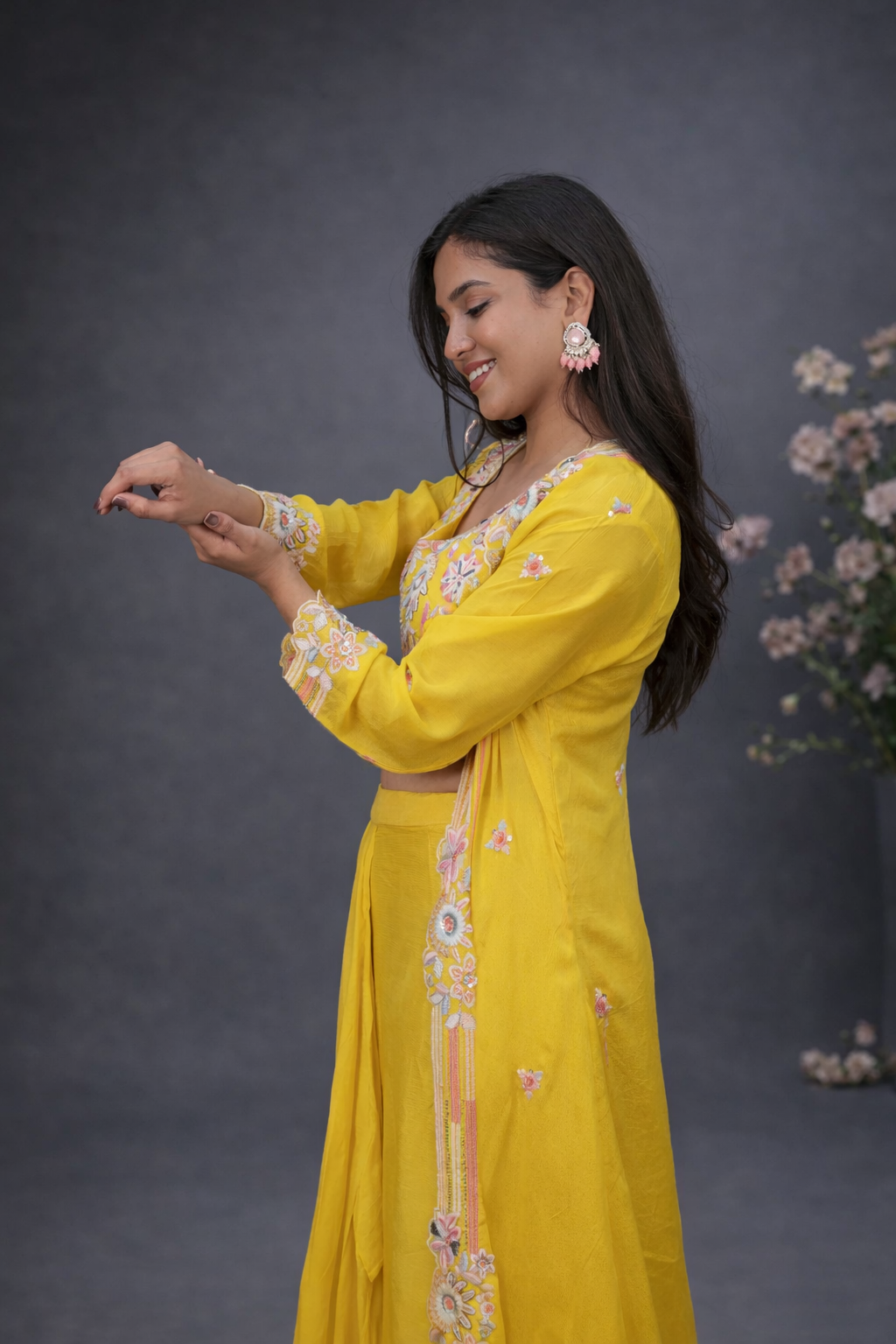 Mustard Floral Indo-Western Co-ord Set with Embroidered Blause