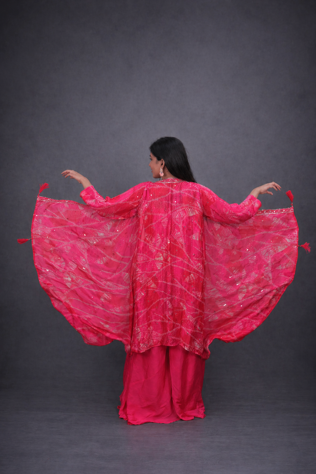 Pink Embroidery Crop Top Palazzo Shrug Set