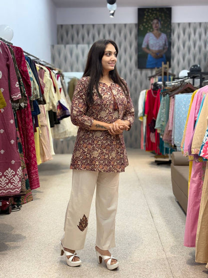 Maroon Floral Printed Tunic with White Straight Pants