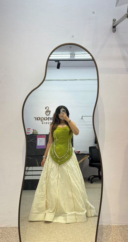 Olive Green Designer Blouse with Ivory Flared Ghaghra
