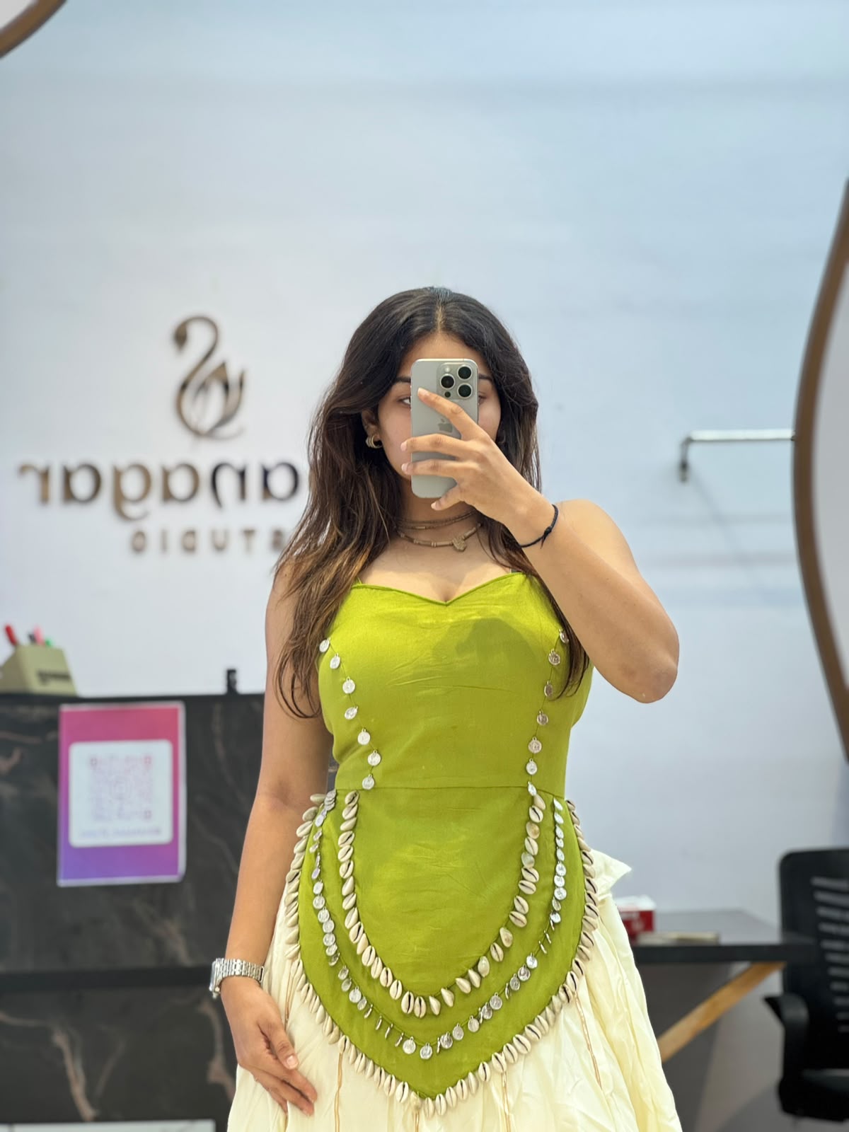 Olive Green Designer Blouse with Ivory Flared Ghaghra