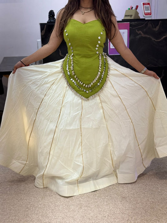 Olive Green Designer Blouse with Ivory Flared Ghaghra