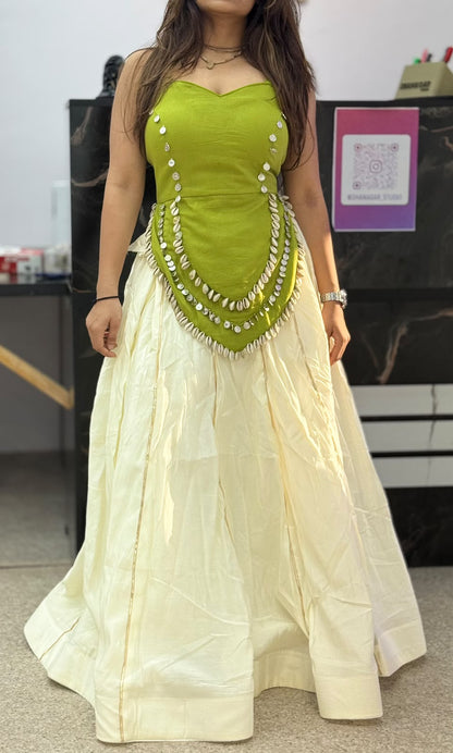 Olive Green Designer Blouse with Ivory Flared Ghaghra