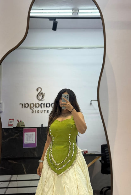 Olive Green Designer Blouse with Ivory Flared Ghaghra