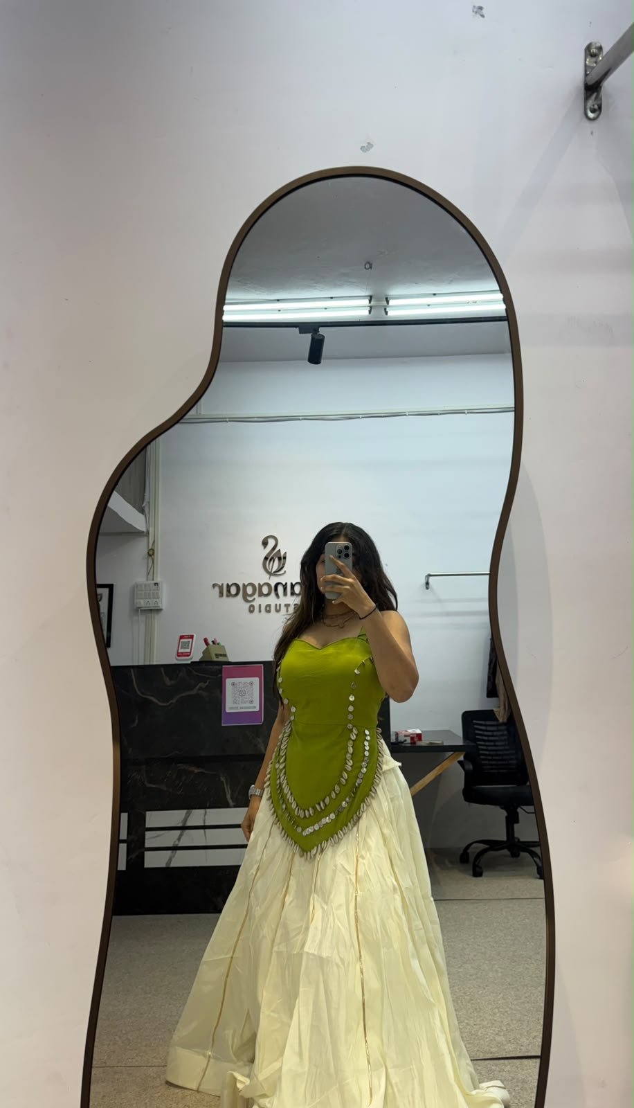 Olive Green Designer Blouse with Ivory Flared Ghaghra