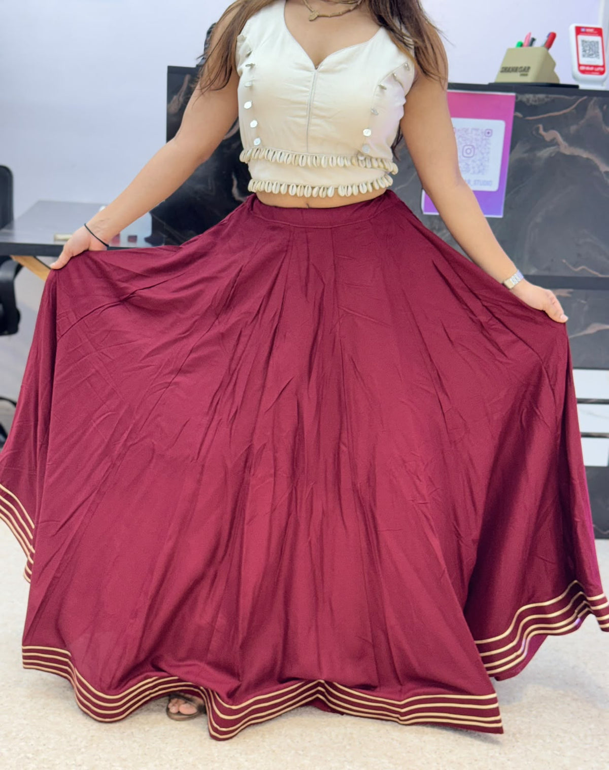 Ivory Designer Blouse with Wine Flared Ghaghra