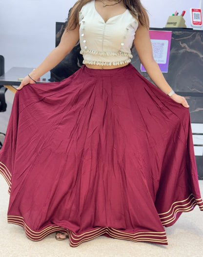 Ivory Designer Blouse with Wine Flared Ghaghra
