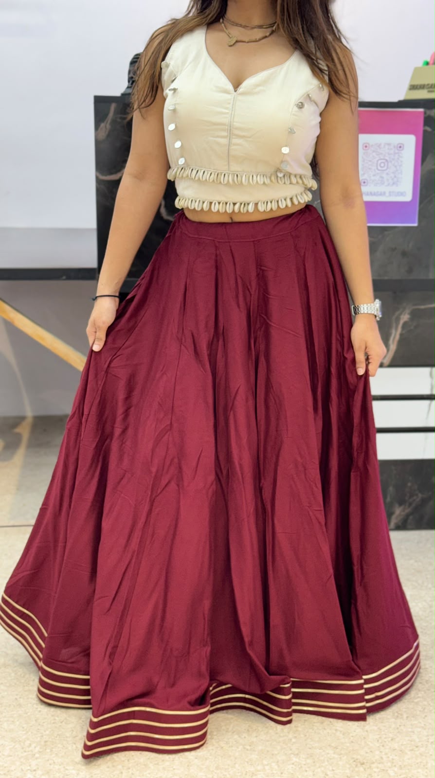 Ivory Designer Blouse with Wine Flared Ghaghra
