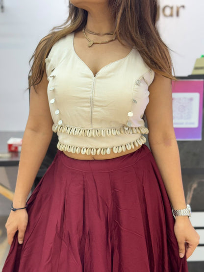 Ivory Designer Blouse with Wine Flared Ghaghra