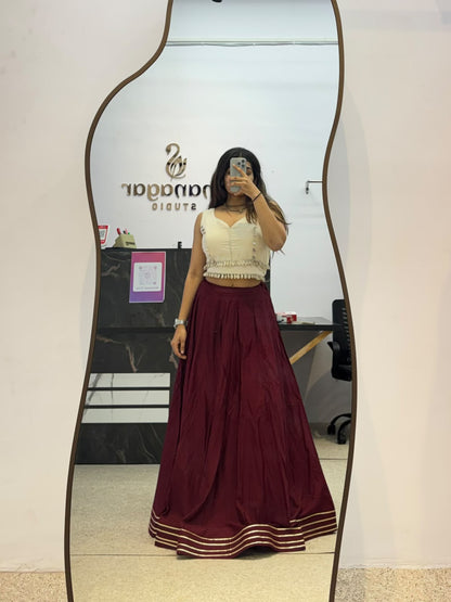 Ivory Designer Blouse with Wine Flared Ghaghra