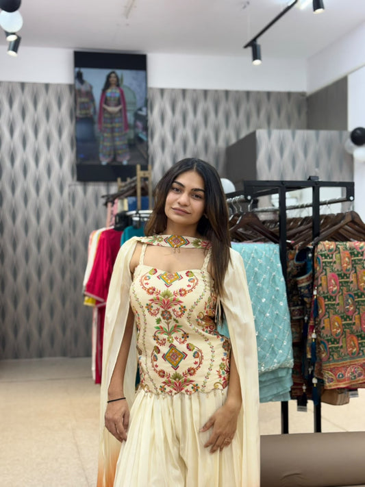 Ivory Embroidered Indo Western with Dupatta