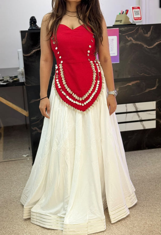 Red Designer Blouse with Ivory Flared Ghaghra