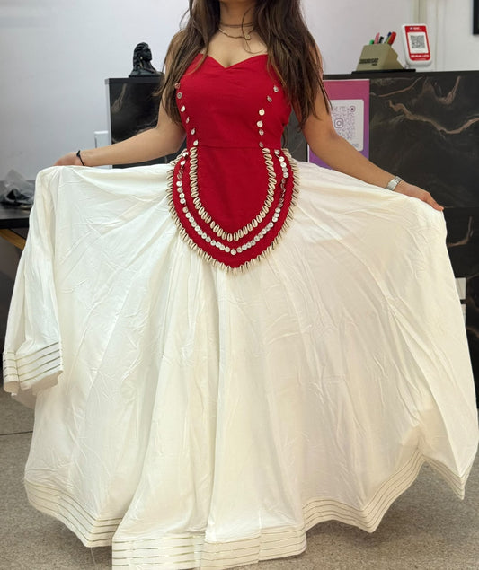 Red Designer Blouse with Ivory Flared Ghaghra