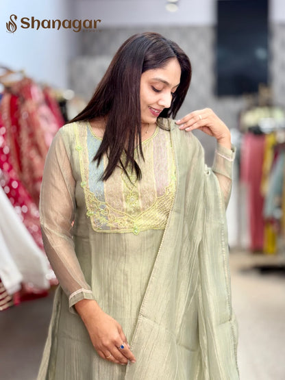 Women's Pastel Green Embroidered Palazzo Suit Set