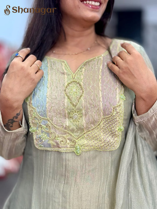 Women's Pastel Green Embroidered Palazzo Suit Set