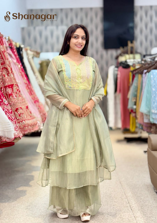 Women's Pastel Green Embroidered Palazzo Suit Set