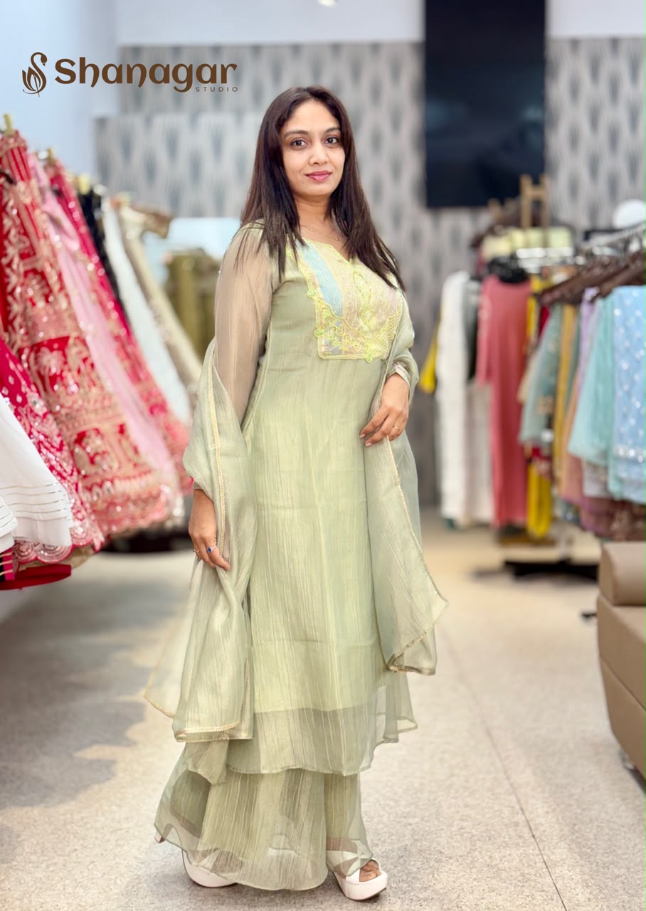 Women's Pastel Green Embroidered Palazzo Suit Set