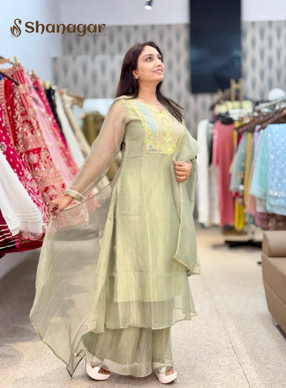 Women's Pastel Green Embroidered Palazzo Suit Set