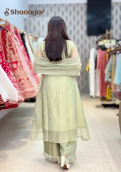 Women's Pastel Green Embroidered Palazzo Suit Set