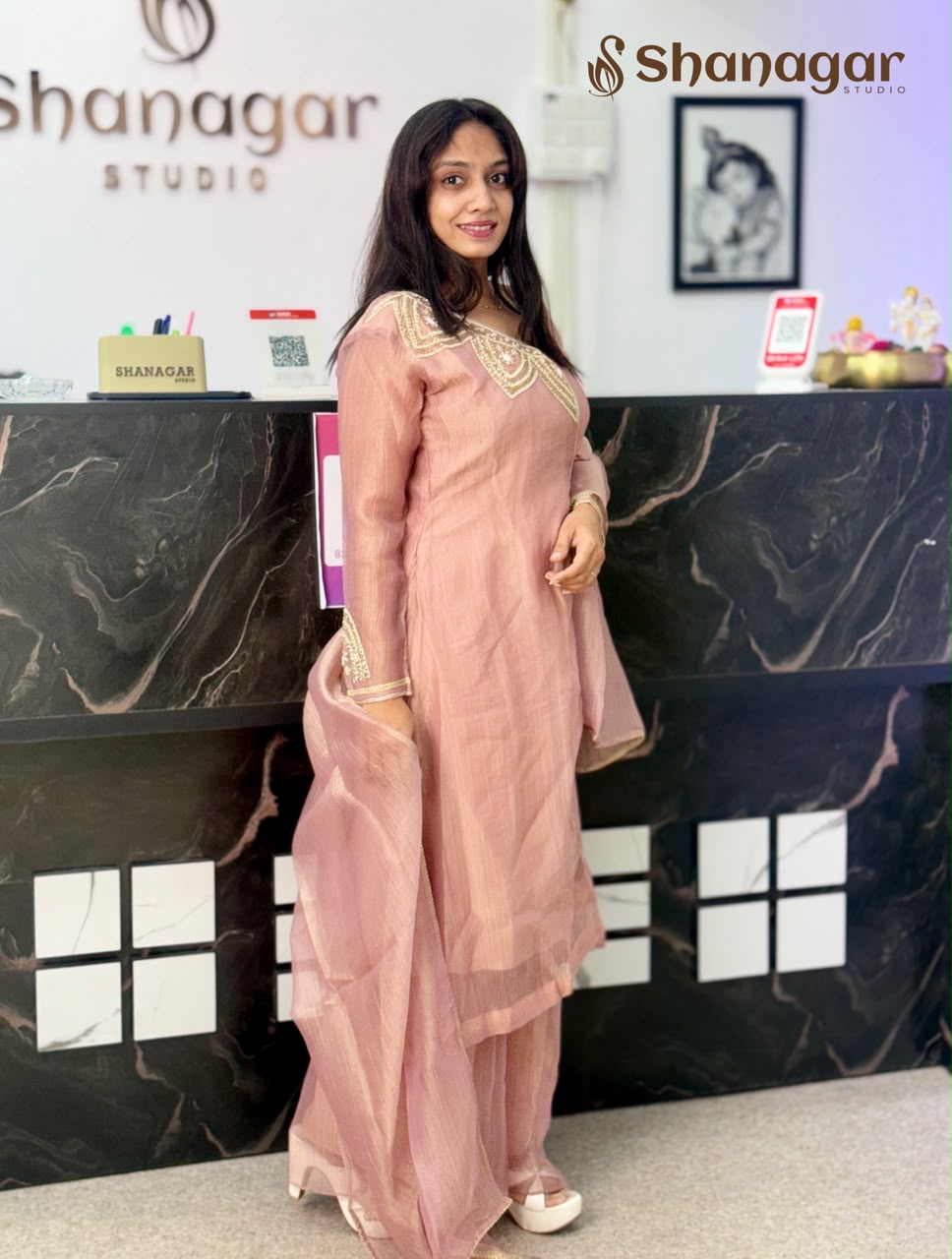 Pink Embroidered Suit with Palazzo & Dupatta