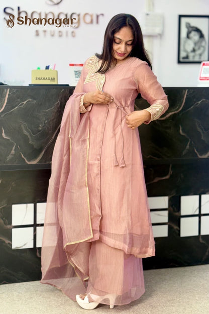 Pink Embroidered Suit with Palazzo & Dupatta