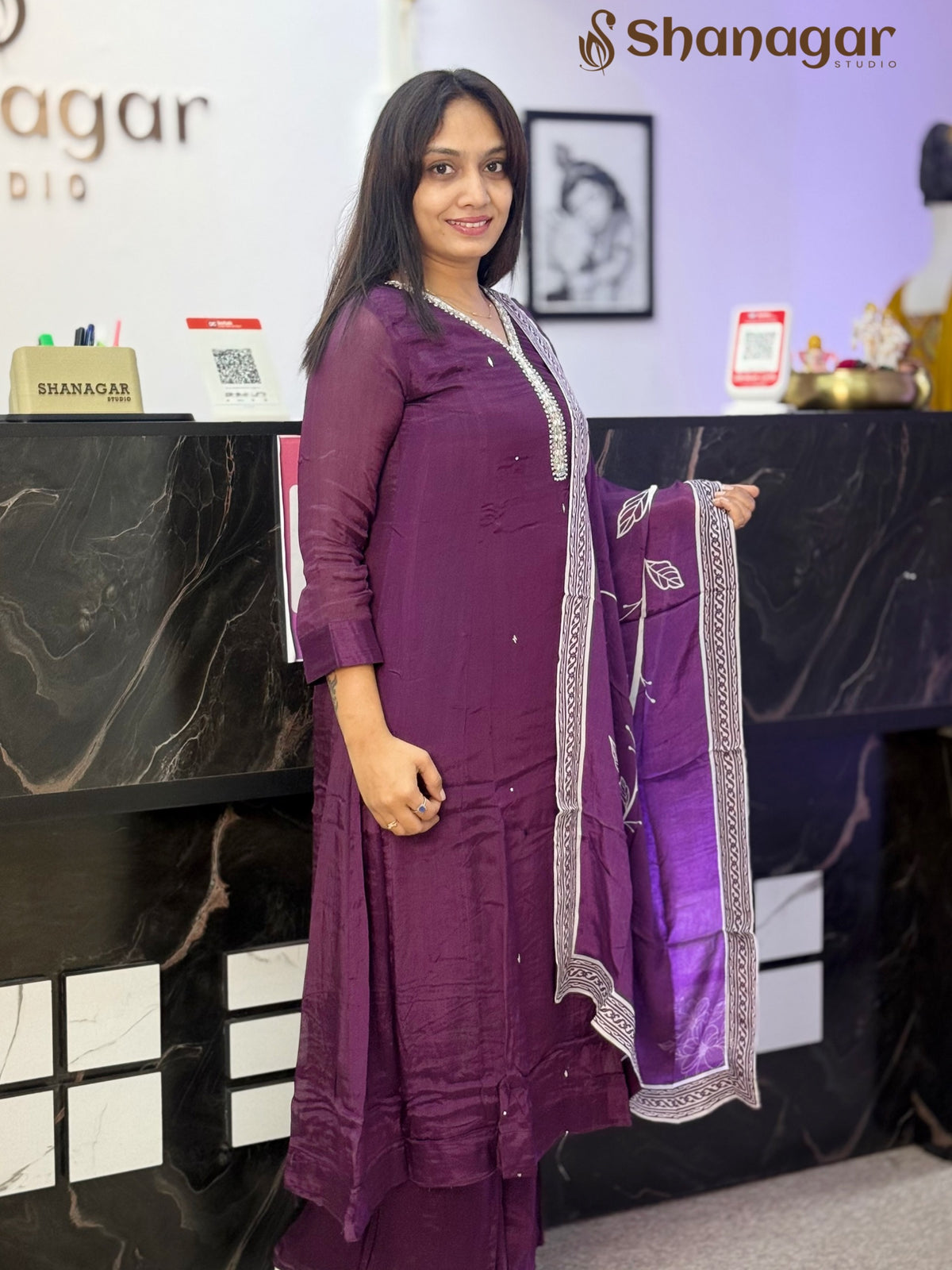 Purple Embroidered Kurta Palazzo Set with Dupatta