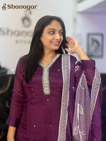 Purple Embroidered Kurta Palazzo Set with Dupatta